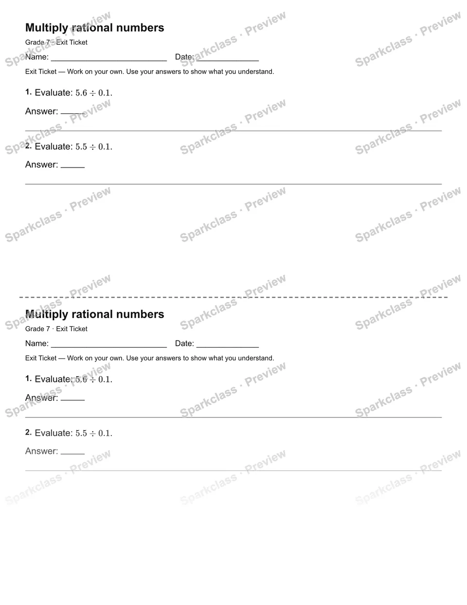 Multiply rational numbers — Exit Ticket — page 1