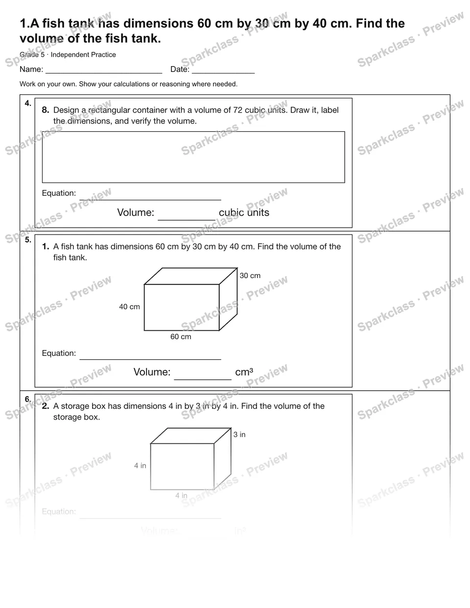 1.A fish tank has dimensions 60 cm by 30 cm by 40 cm. Find the volume of the fish tank. — Independent Practice — page 2