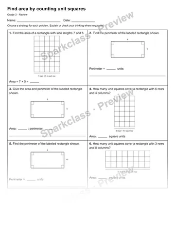 Find area by counting unit squares — Review — Grade 3 worksheet preview