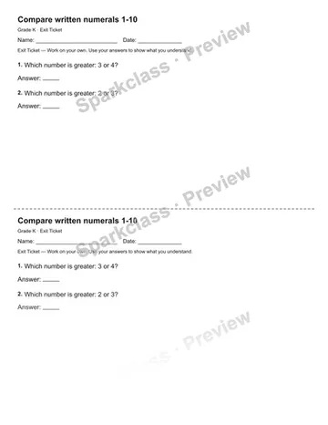 Compare written numerals 1-10 — Exit Ticket — Kindergarten worksheet preview