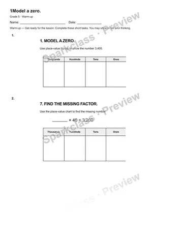 1Model a zero. — Warm-up — Grade 5 worksheet preview