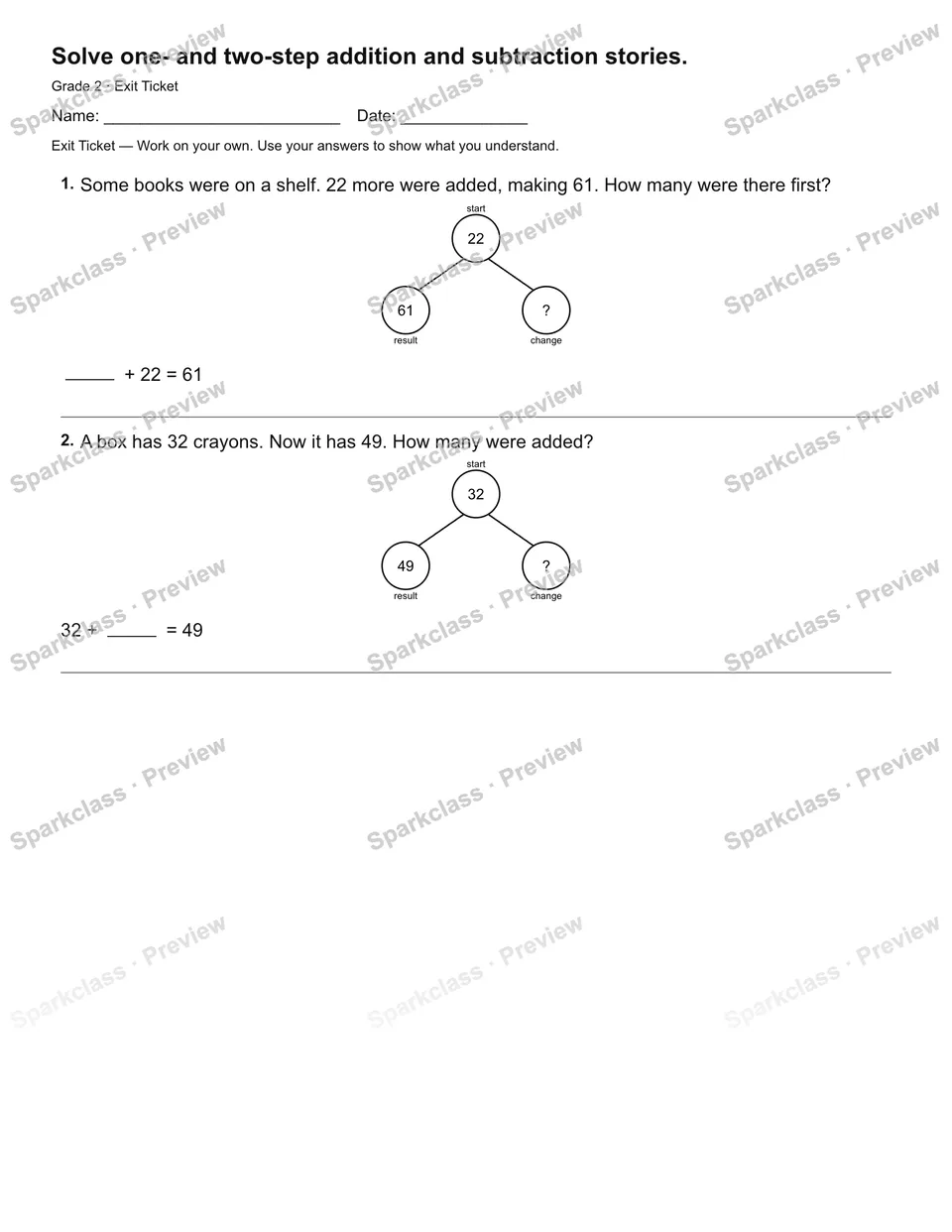 Solve one- and two-step addition and subtraction stories. — Exit Ticket — page 2