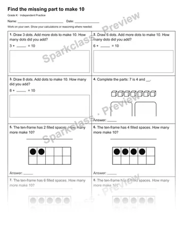 Find the missing part to make 10 — Independent Practice — Kindergarten worksheet preview