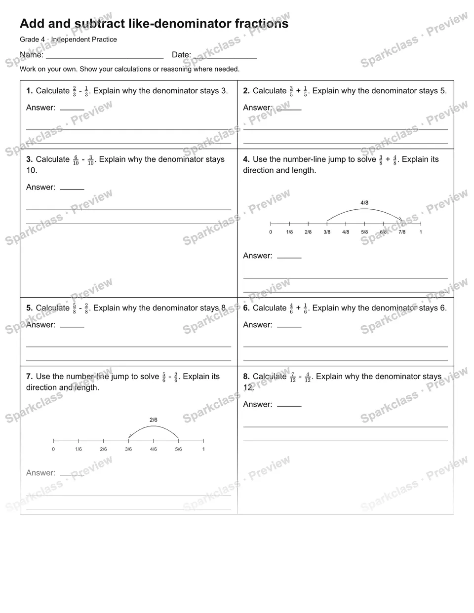 Add and subtract like-denominator fractions — Independent Practice — page 1