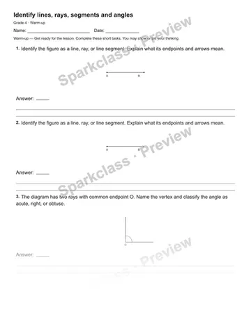 Identify lines, rays, segments and angles — Warm-up — Grade 4 worksheet preview
