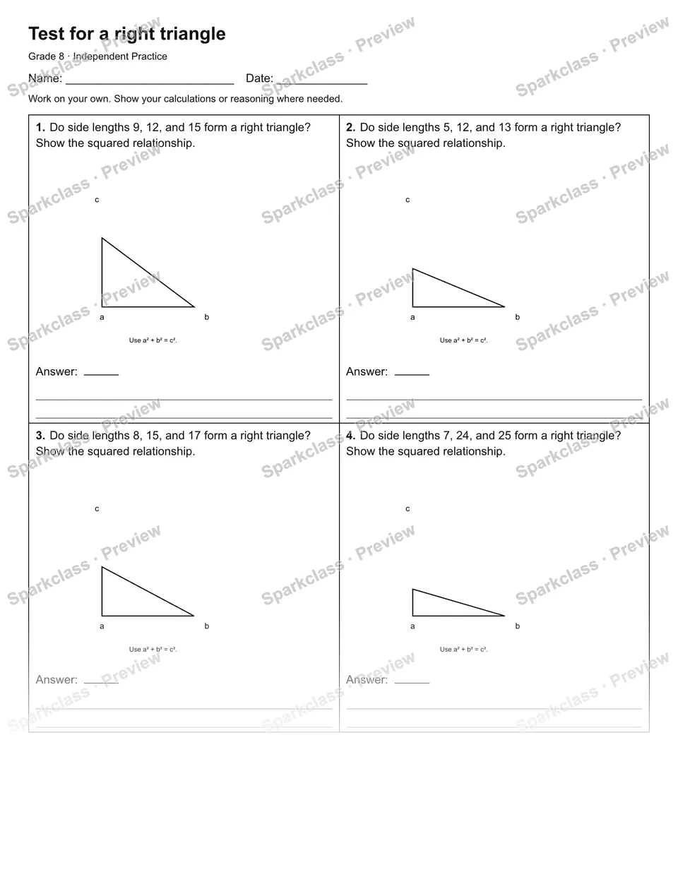 Test for a right triangle — Independent Practice — page 1