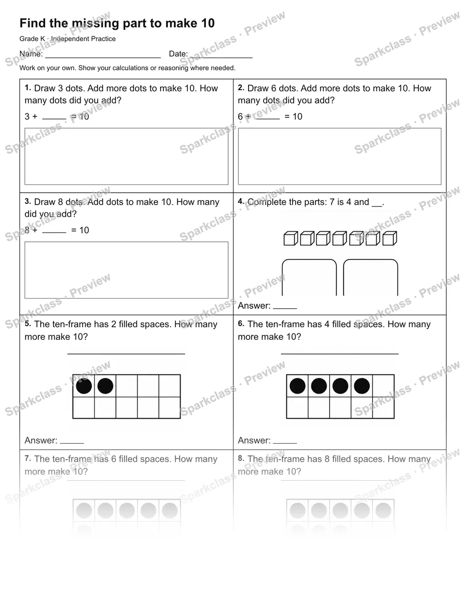 Find the missing part to make 10 — Independent Practice — page 1