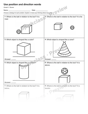 Use position and direction words — Review — Kindergarten worksheet preview