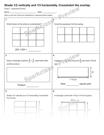 Shade 1/2 vertically and 1/3 horizontally. Crosshatch the overlap. — Independent Practice — Grade 5 worksheet preview
