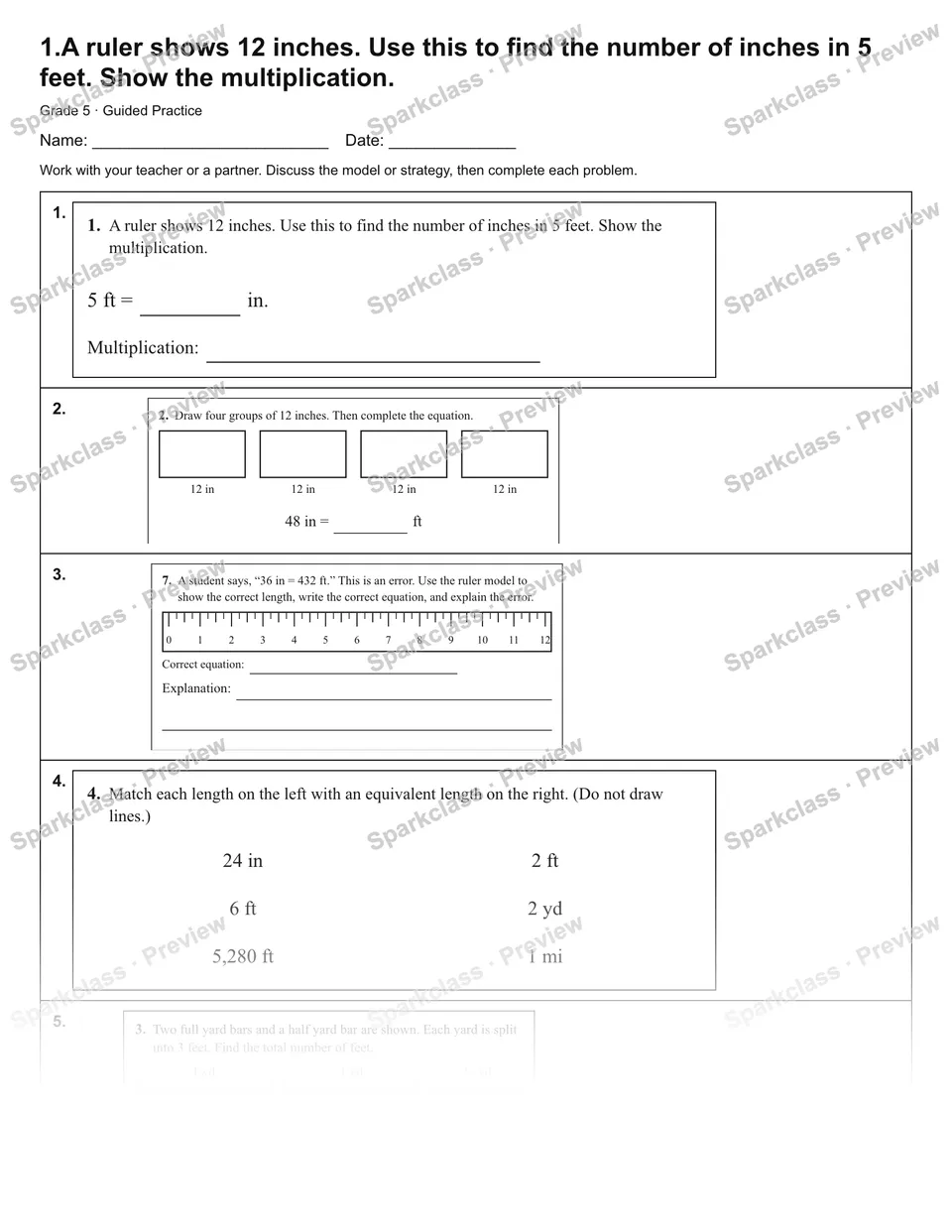 1.A ruler shows 12 inches. Use this to find the number of inches in 5 feet. Show the multiplication. — Guided Practice — page 1