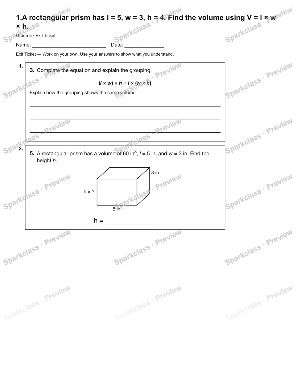 1.A rectangular prism has l = 5, w = 3, h = 4. Find the volume using V = l × w × h. — Exit Ticket — page 2