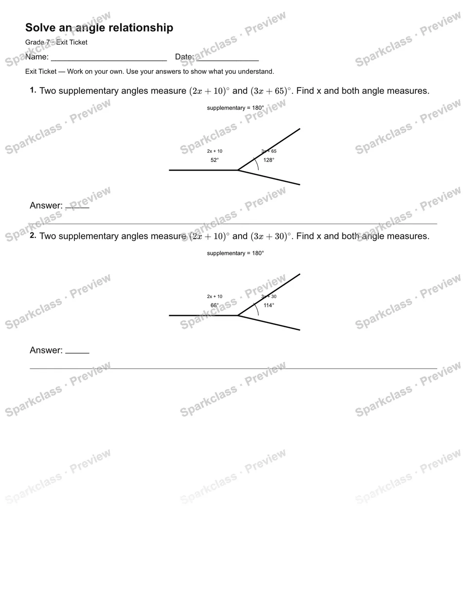 Solve an angle relationship — Exit Ticket — page 2