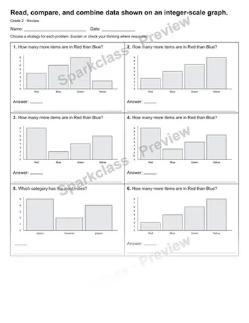 Read, compare, and combine data shown on an integer-scale graph. — Review — Grade 2 worksheet preview