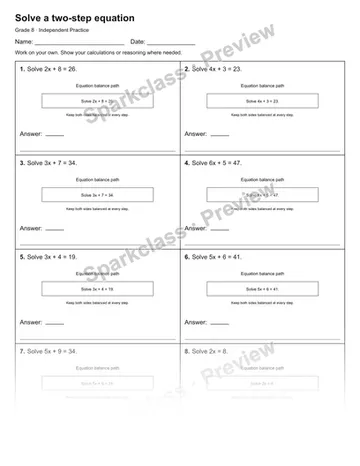 Solve a two-step equation — Independent Practice — Grade 8 worksheet preview