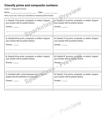 Classify prime and composite numbers — Independent Practice — Grade 4 worksheet preview
