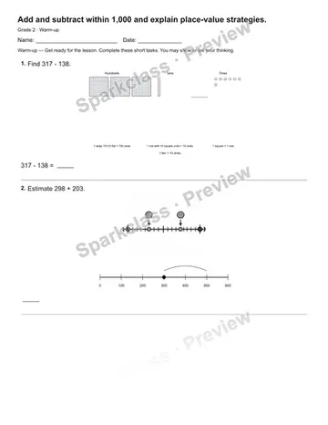 Add and subtract within 1,000 and explain place-value strategies. — Warm-up — Grade 2 worksheet preview