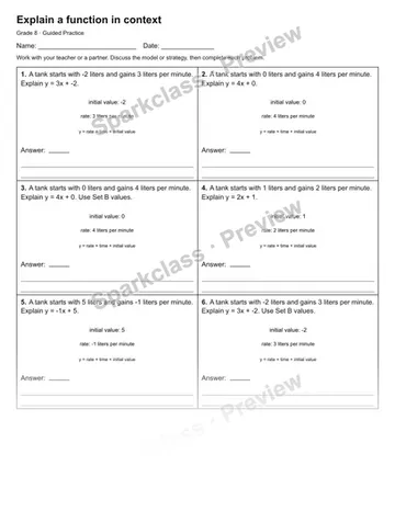 Explain a function in context — Guided Practice — Grade 8 worksheet preview