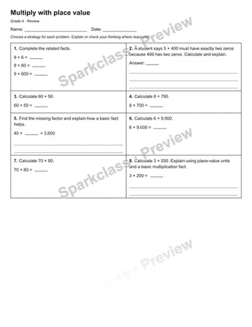 Multiply with place value — Review — Grade 4 worksheet preview