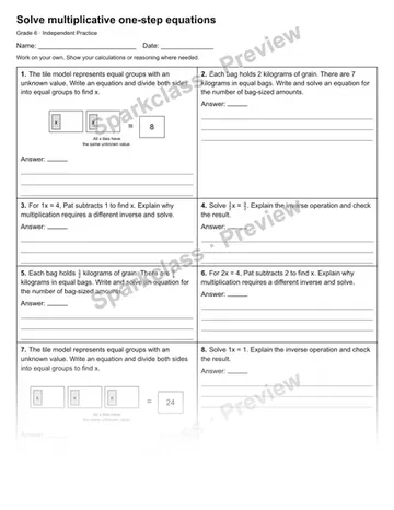 Solve multiplicative one-step equations — Independent Practice — Grade 6 worksheet preview