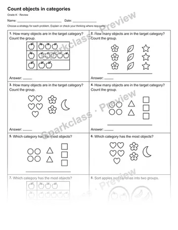 Count objects in categories — Review — Kindergarten worksheet preview