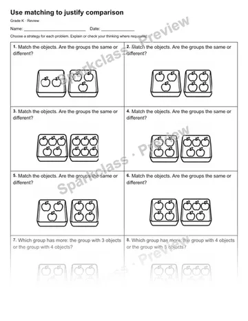 Use matching to justify comparison — Review — Kindergarten worksheet preview