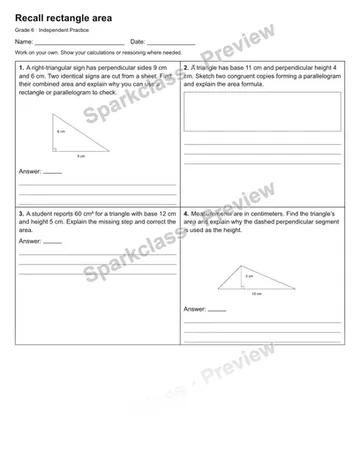 Recall rectangle area — Independent Practice — Grade 6 worksheet preview