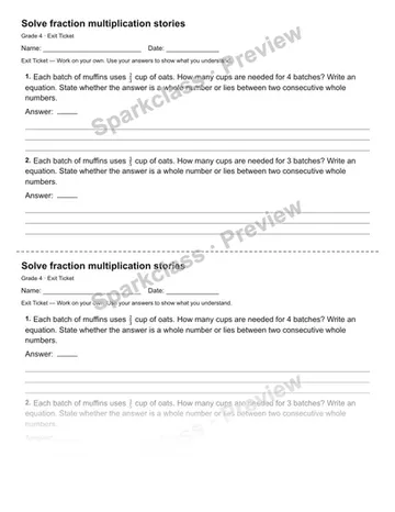 Solve fraction multiplication stories — Exit Ticket — Grade 4 worksheet preview