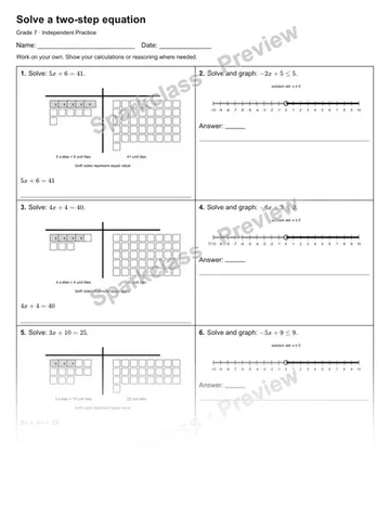 Solve a two-step equation — Independent Practice — Grade 7 worksheet preview