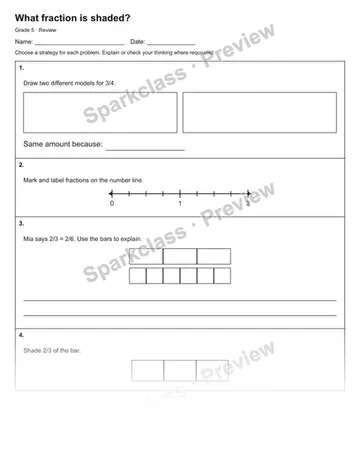 What fraction is shaded? — Review — Grade 5 worksheet preview