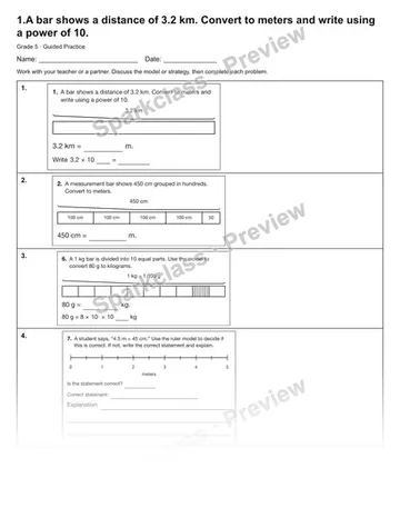 1.A bar shows a distance of 3.2 km. Convert to meters and write using a power of 10. — Guided Practice — Grade 5 worksheet preview