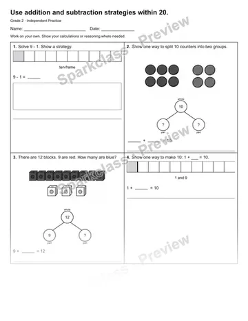 Use addition and subtraction strategies within 20. — Independent Practice — Grade 2 worksheet preview