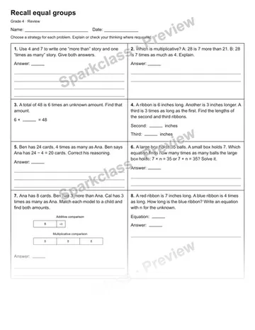 Recall equal groups — Review — Grade 4 worksheet preview