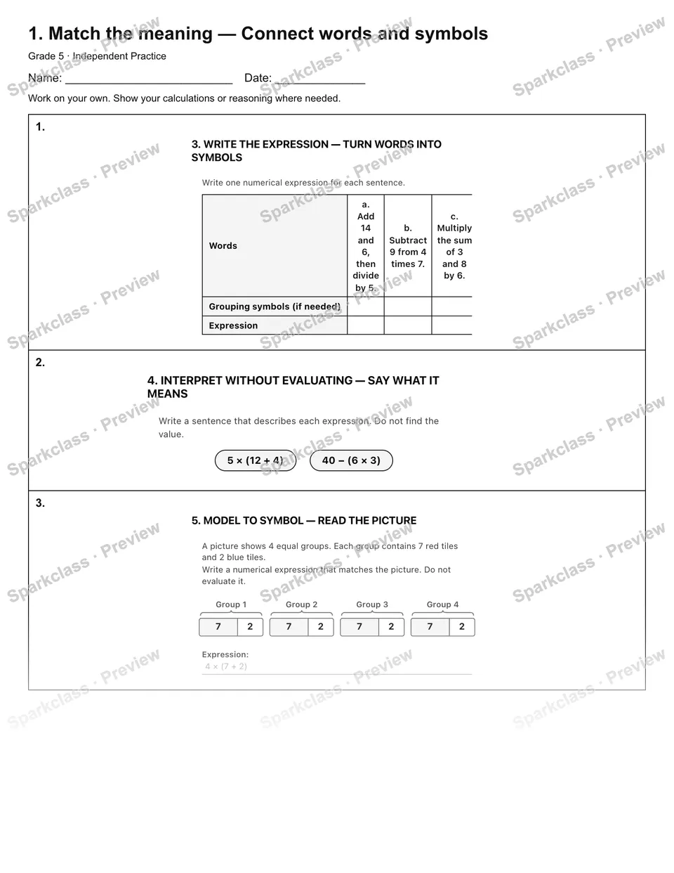 1. Match the meaning — Connect words and symbols — Independent Practice — page 1