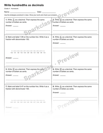 Write hundredths as decimals — Homework — Grade 4 worksheet preview