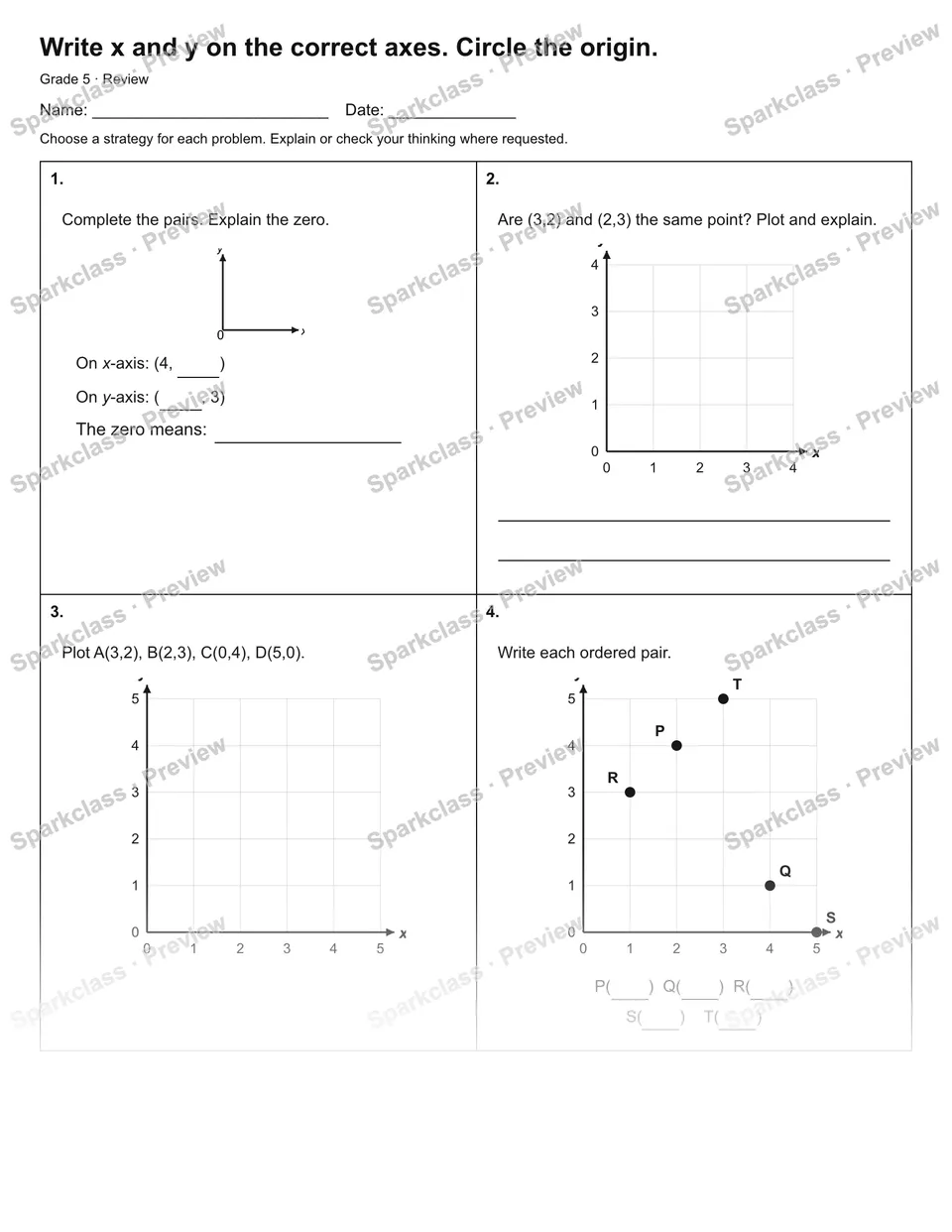 Write x and y on the correct axes. Circle the origin. — Review — page 1