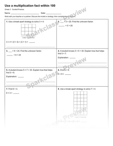 Use a multiplication fact within 100 — Guided Practice — Grade 3 worksheet preview
