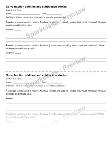 Solve fraction addition and subtraction stories — Exit Ticket — Grade 4 worksheet preview