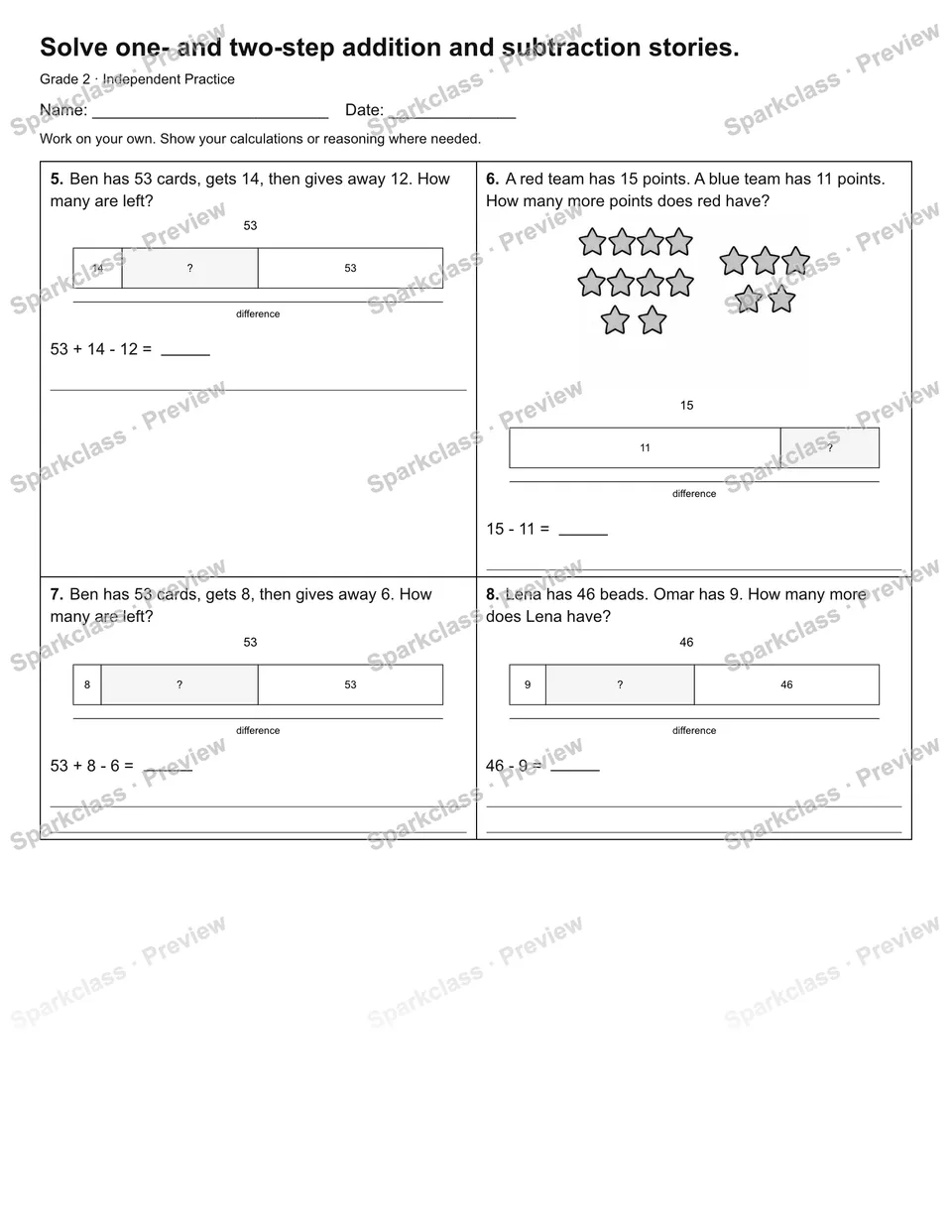Solve one- and two-step addition and subtraction stories. — Independent Practice — page 2
