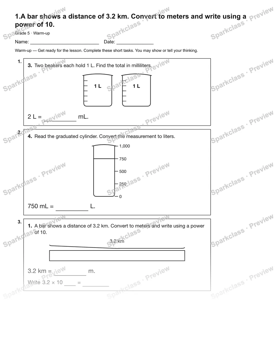 1.A bar shows a distance of 3.2 km. Convert to meters and write using a power of 10. — Warm-up — page 2