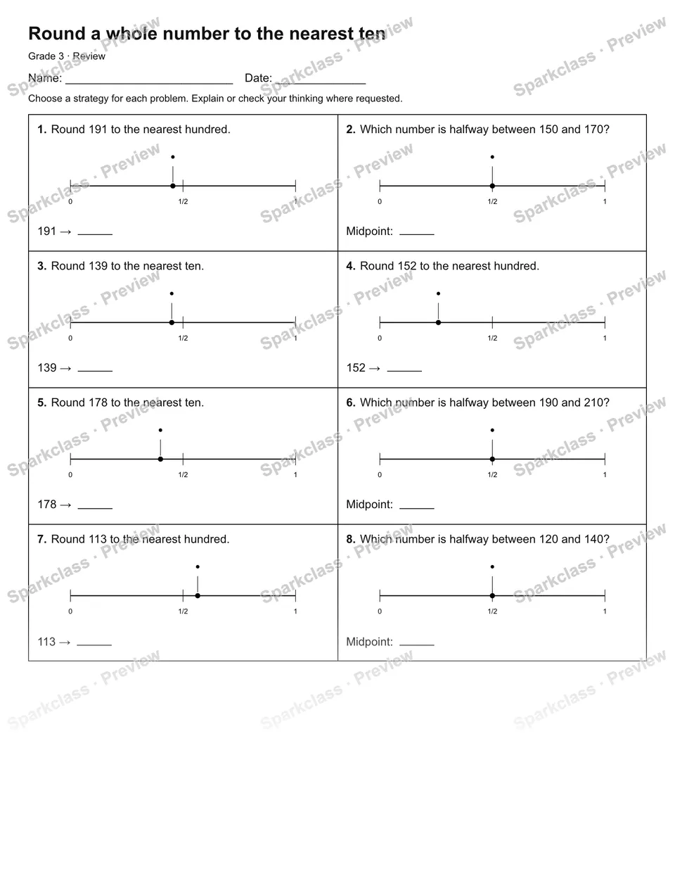 Round a whole number to the nearest ten — Review — page 1