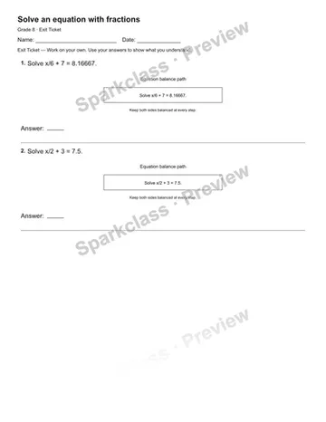 Solve an equation with fractions — Exit Ticket — Grade 8 worksheet preview