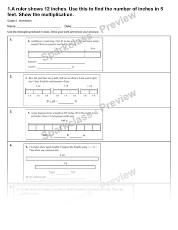 1.A ruler shows 12 inches. Use this to find the number of inches in 5 feet. Show the multiplication. — Homework — Grade 5 worksheet preview