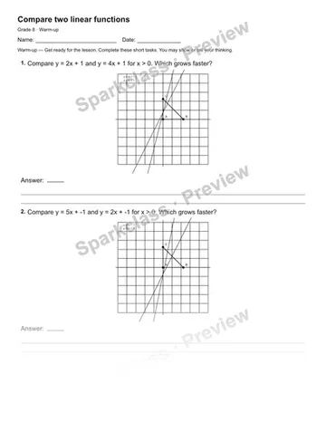 Compare two linear functions — Warm-up — Grade 8 worksheet preview