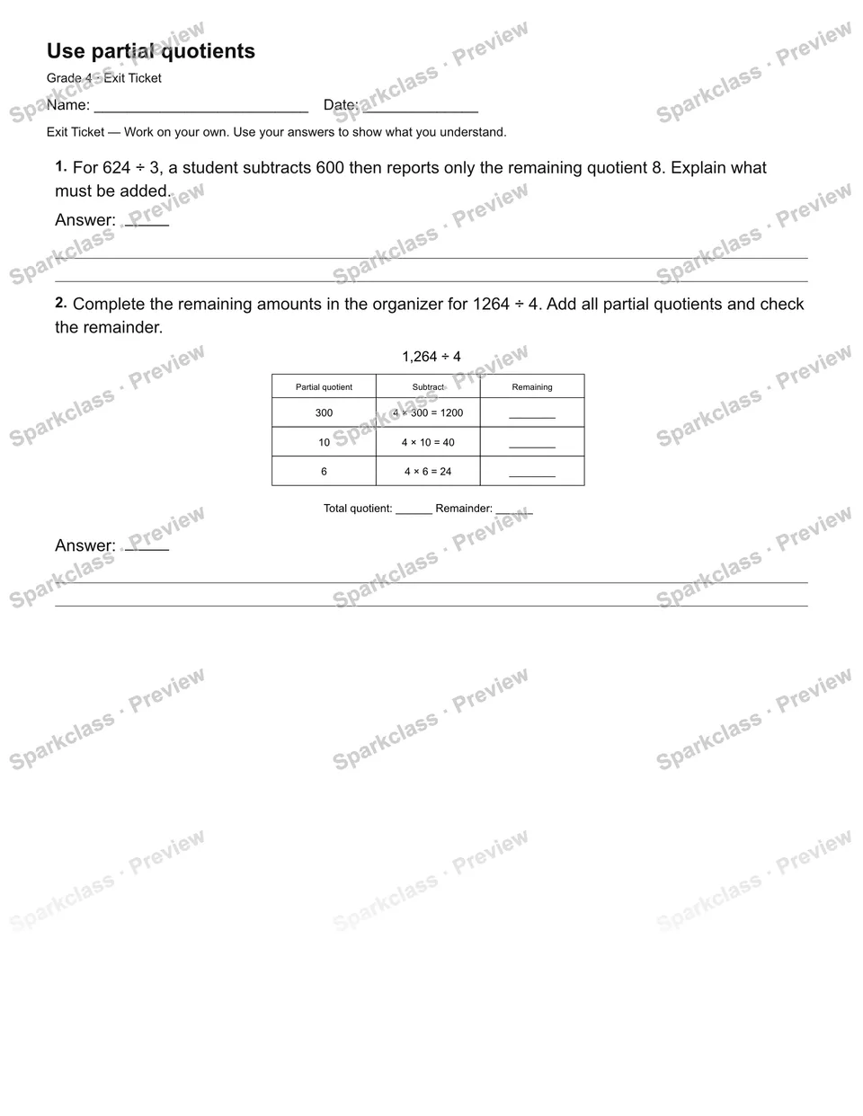 Use partial quotients — Exit Ticket — page 1