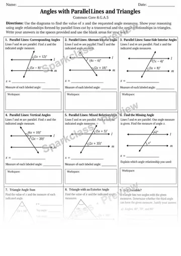 8.G.A.5 · 5 Parallel Lines Triangles Variant — Grade 8 worksheet preview