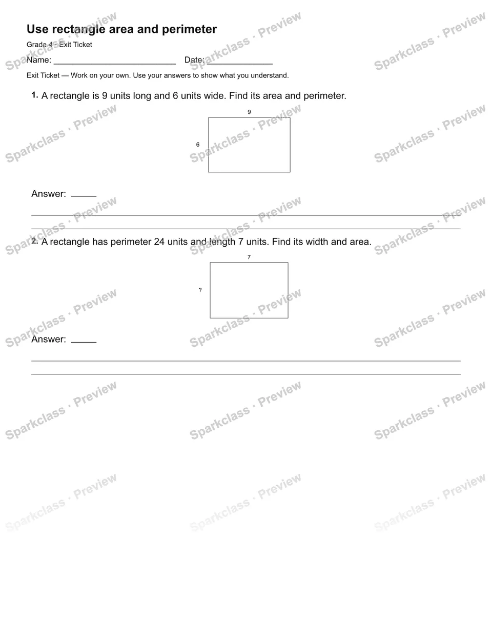 Use rectangle area and perimeter — Exit Ticket — page 2