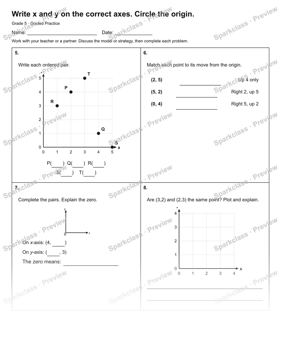 Write x and y on the correct axes. Circle the origin. — Guided Practice — page 2
