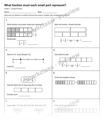 What fraction must each small part represent? — Guided Practice — Grade 5 worksheet preview