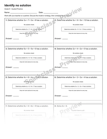 Identify no solution — Guided Practice — Grade 8 worksheet preview