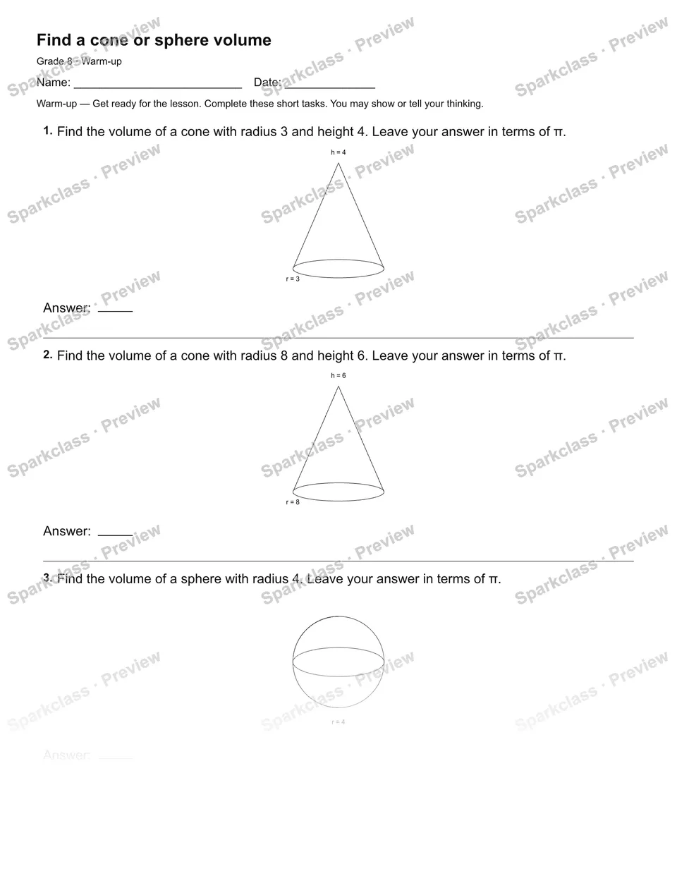 Find a cone or sphere volume — Warm-up — page 1